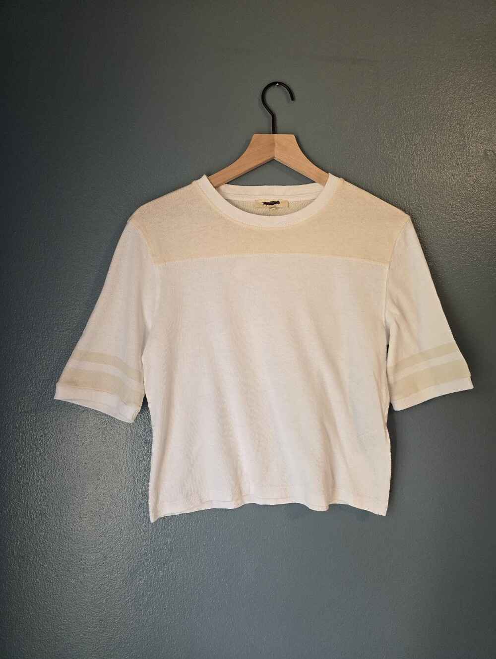 Madewell Cream Short Sleeve Crewneck Top with Subtle Stripe Accents